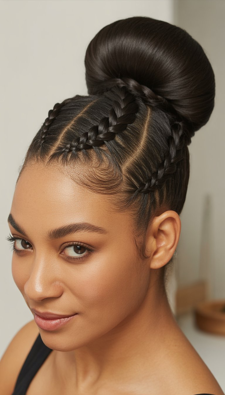 A Black woman with a French braid leading into a ballerina bun hairstyle, facing slightly to the side against a plain background.